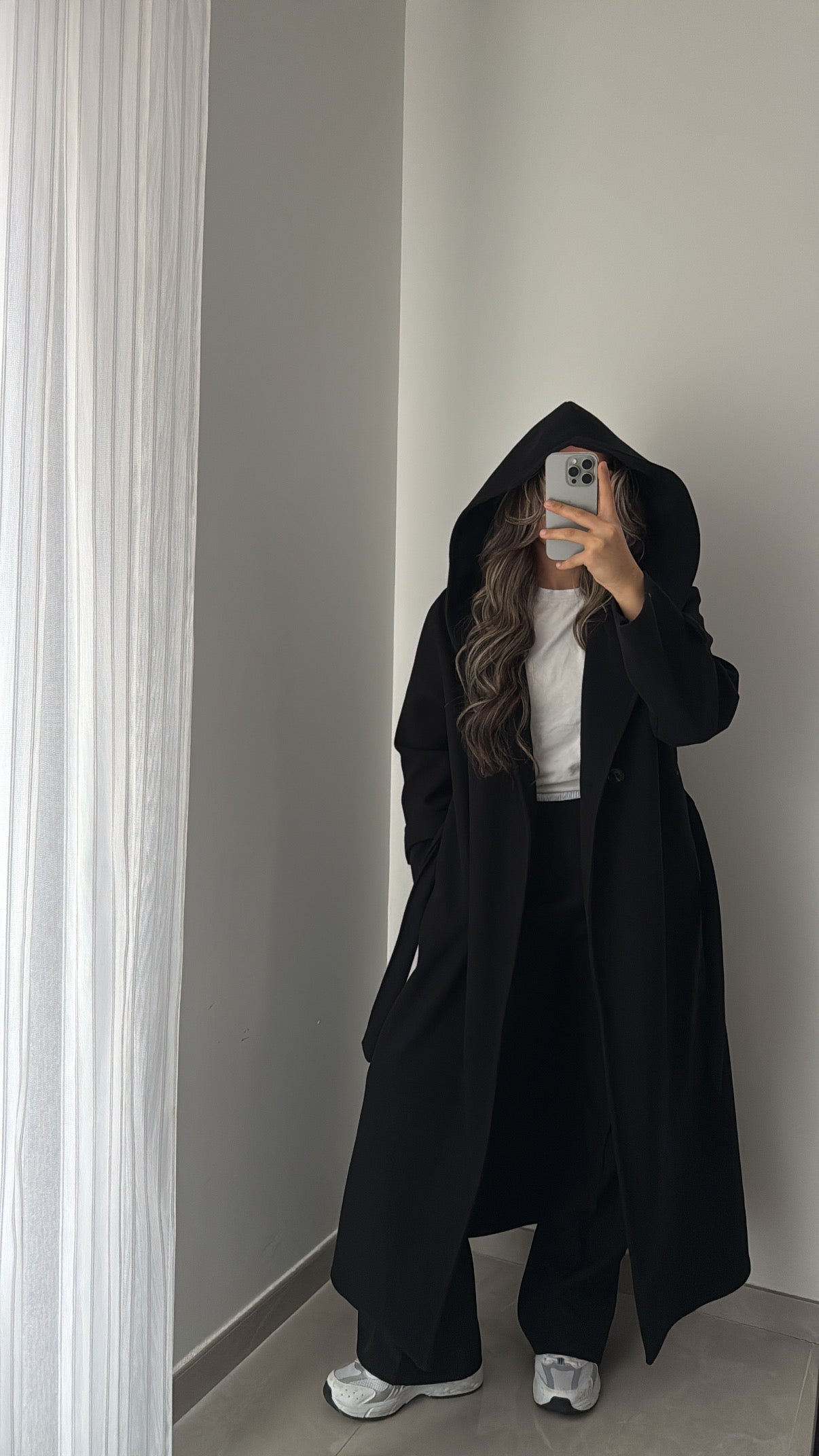 Manteau long avec capuche - NOIR