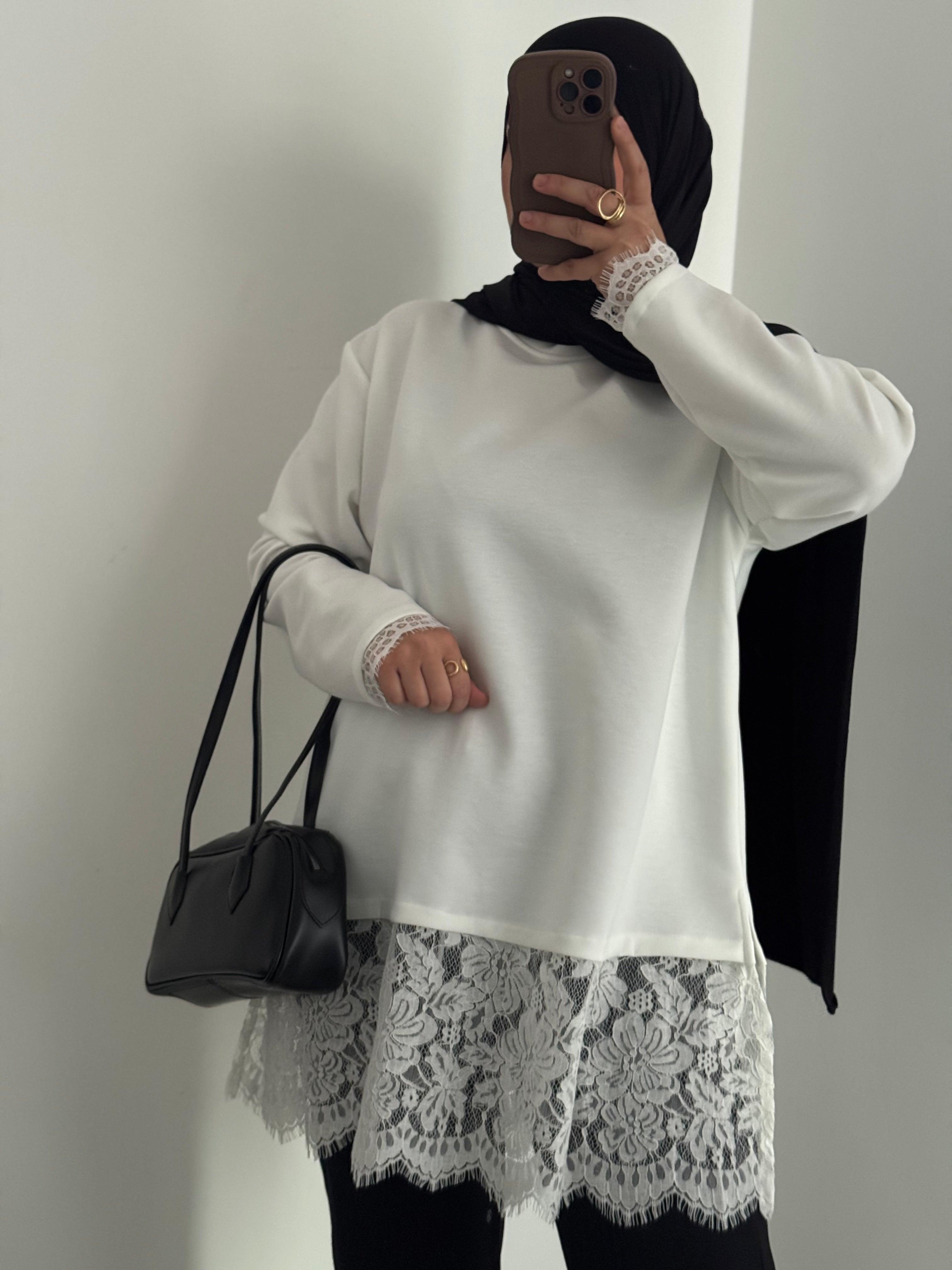 Pull détails dentelle - BLANC