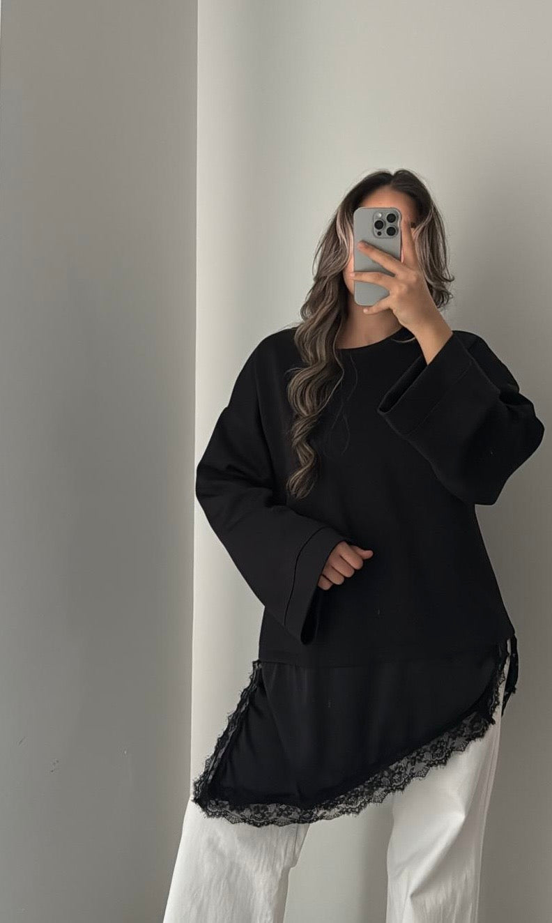 Pull oversize avec détails dentelle - NOIR