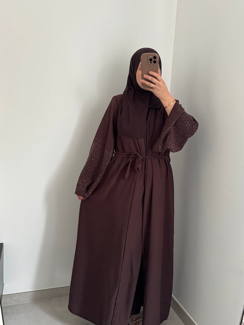 Abaya élégance strass - MARRON