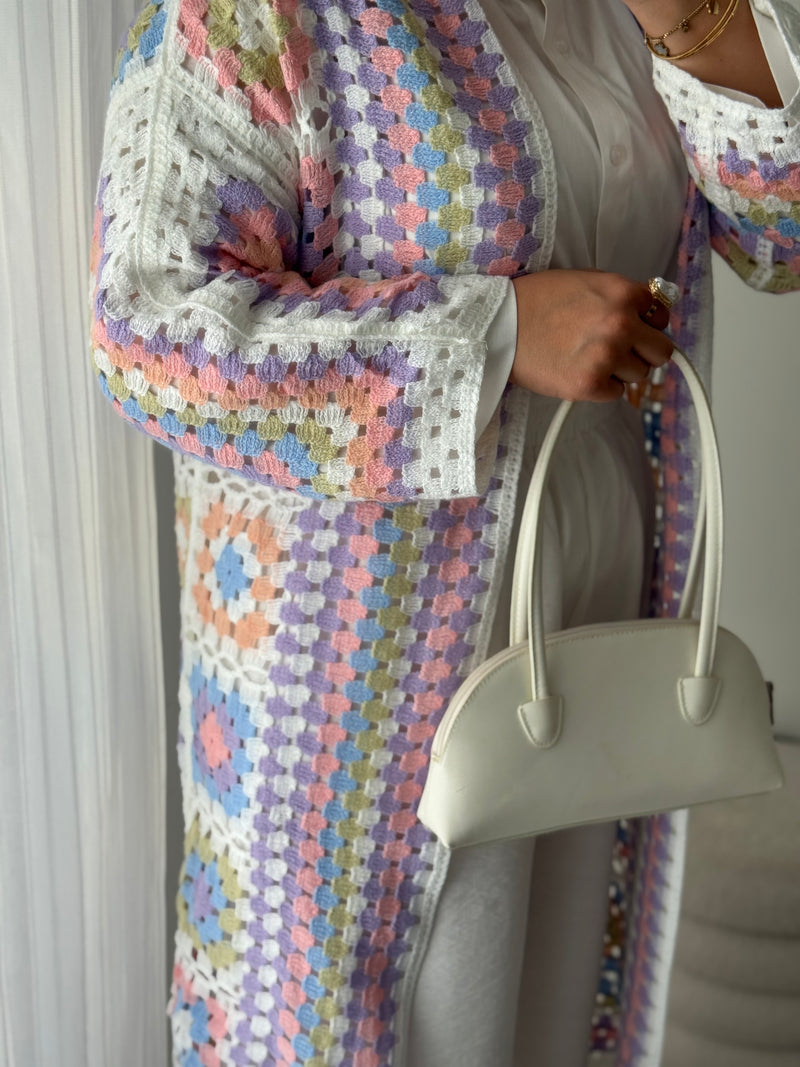Gilet long crochet pastel