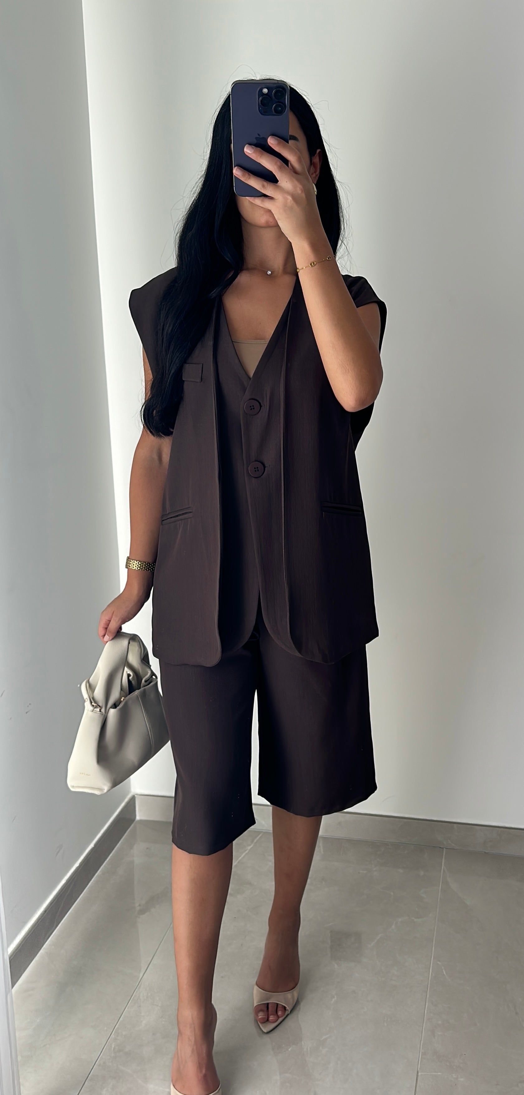 ENSEMBLE SANS MANCHES & BERMUDA - MARRON