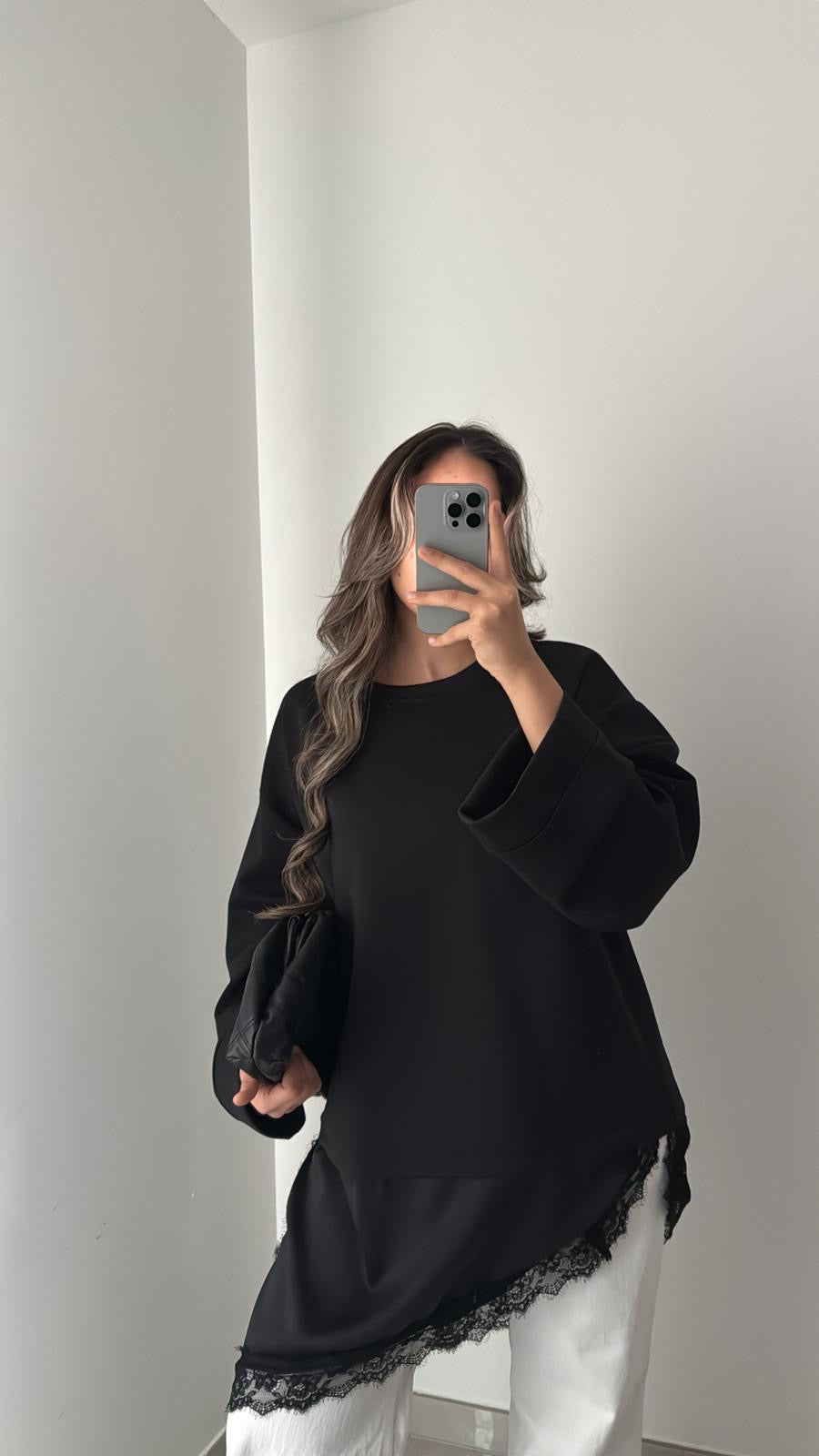 Pull oversize avec détails dentelle - NOIR