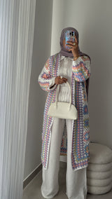 Gilet long crochet pastel