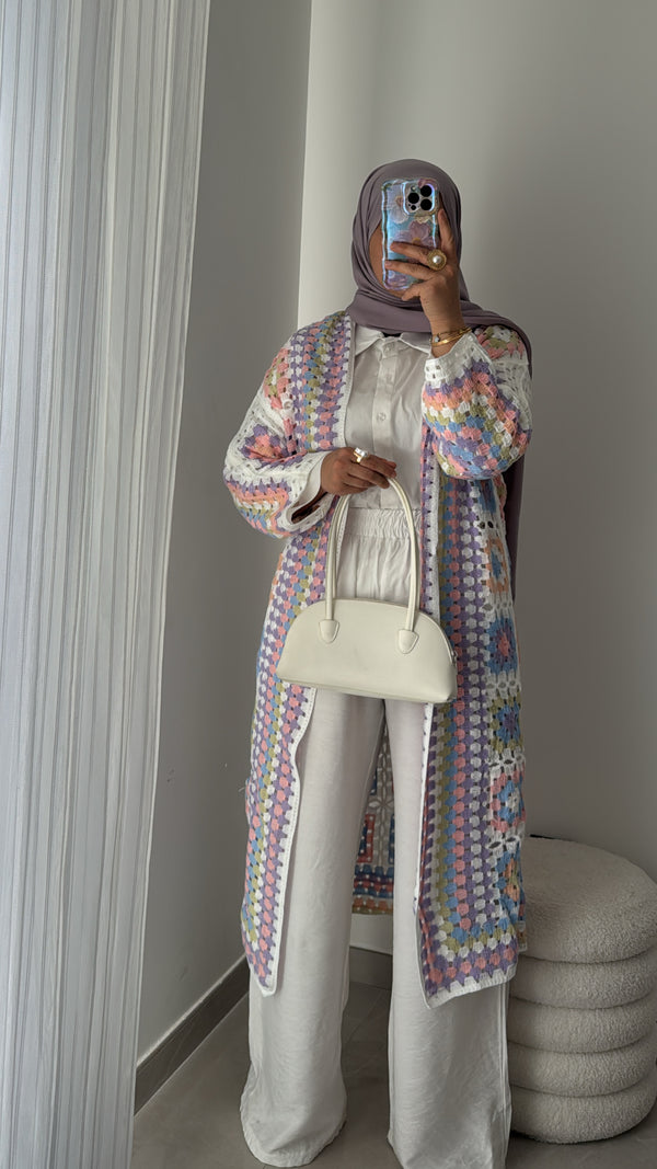 Gilet long crochet pastel