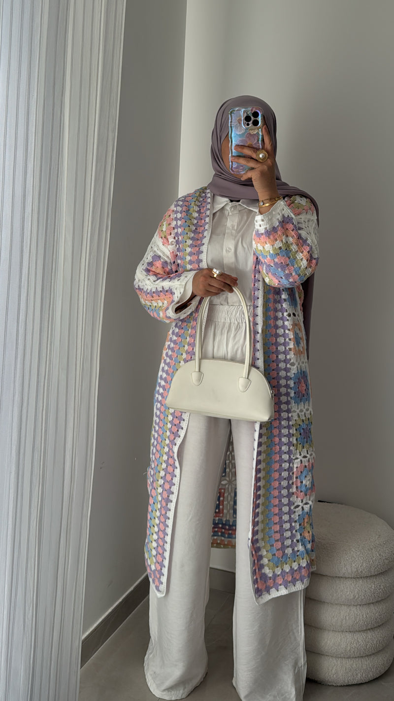 Gilet long crochet pastel