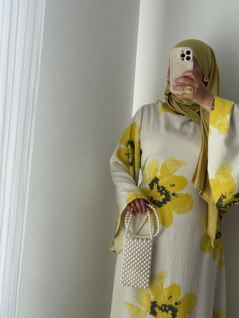 Robe LILIA FLEURS - VERT JAUNE